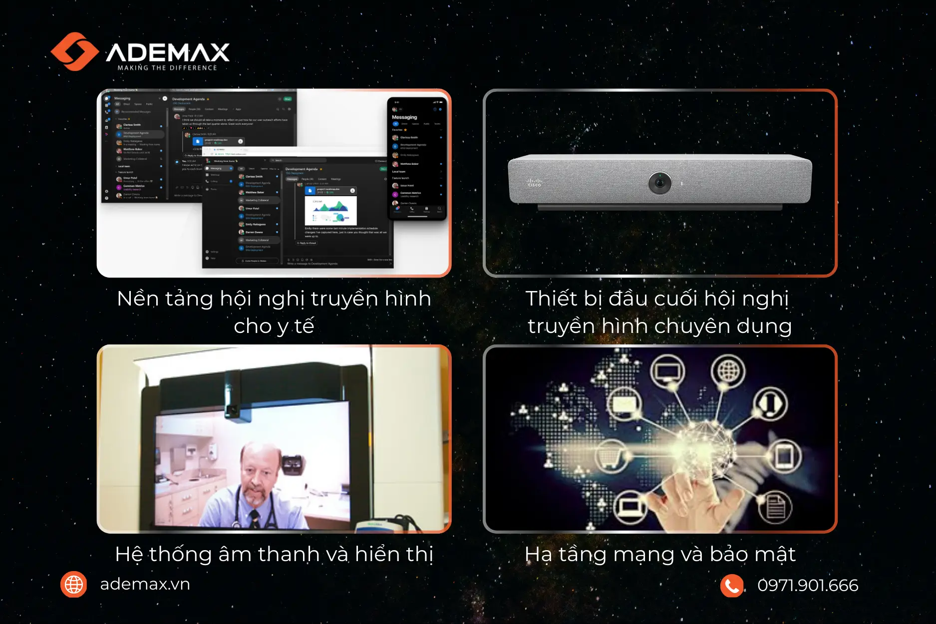 Ademax tiếp cận Telemedicine như một bài toán hạ tầng hội nghị truyền hình cho y tế, trong đó thiết bị đóng vai trò trung tâm.